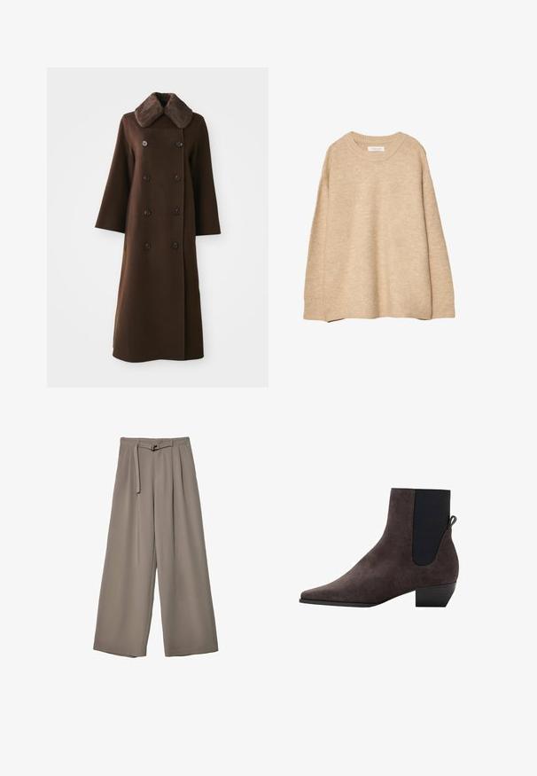 Bruine doublé-knoopjas met een bontkraag, lange mouwen en een rechte silhouet. Bevat zwarte knopen en een zachte wolachtige textuur.; Beige trui van zacht breimateriaal met een ronde hals, lange mouwen en geribde boorden en zoom. Minimalistisch ontwerp zonder patronen.; Wijd nietenbroeken van een zachte, gedempte grijze stof, met een ceintuur in de taille en plooien voor extra ontwerpelementen. Gladde textuur, geen patronen.; Donkergrijze suède enkellaars met een spitse neus, elastische zijkanten en een kleine blokhak. Beschikt over een instaplusje aan de achterkant.