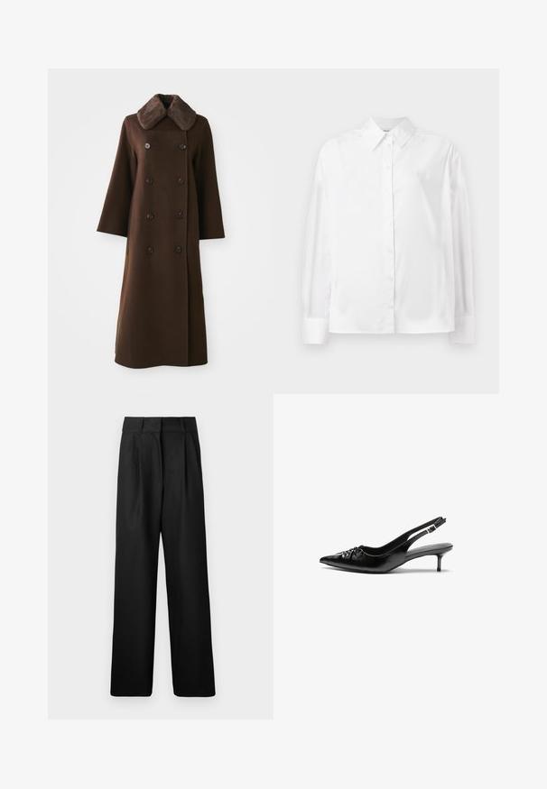 Brun dobbeltradet frakke med pelskrave, lange ærmer og lige silhuet. Har sorte knapper og blød uldlignende tekstur.; Hvid langærmet skjorte med knapper i en blød bomuldsblanding. Har en klassisk krave, frontlukning med knapper og rundede manchetter.; Sorte vide bukser med en glat tekstur, med forkørsler og høj talje design. Fremstillet af et let stof.; Sorte læder slingback-pumps med spids tå, lav kitten-hæl og rynket detalje på overdelen. Glat tekstur og minimalistisk design.