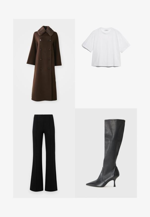 Cappotto marrone doppiopetto con colletto in pelliccia, maniche lunghe e silhouette dritta. Presenta bottoni neri e una texture morbida simile alla lana.; T-shirt bianco in cotone con maniche corte, scollo rotondo, vestibilità rilassata e senza motivi o grafiche visibili. Texture liscia e design semplice.; Pantaloni neri a zampa d'elefante con vita alta, realizzati in tessuto elastico. Presentano dettagli di cucitura verticale nella parte anteriore e una texture liscia.; Stivali neri in pelle al ginocchio con punta affusolata e tacco a stiletto sottile. Texture liscia con design aderente e cuciture lungo il bordo superiore.