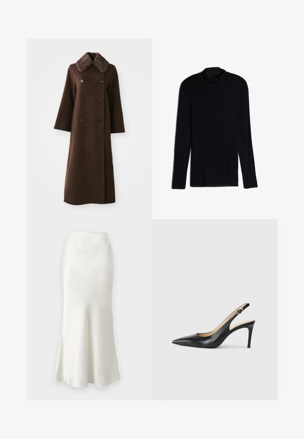 Abrigo marrón de doble botonadura con cuello de piel, mangas largas y silueta recta. Presenta botones negros y una textura suave similar a la lana.; Top negro de manga larga con cuello tipo cowl, hecho de una tela suave y lisa; diseño ajustado con dobladillo recto y sin costuras visibles.; Falda midi de seda en blanco roto con dobladillo acampanado. Textura suave, cintura ajustada y detalles de costura sutiles en la parte superior.; Tacones altos negros de cuero con tirantes, punta afilada, correa ajustable y un elegante tacón de aguja, con un acabado suave.