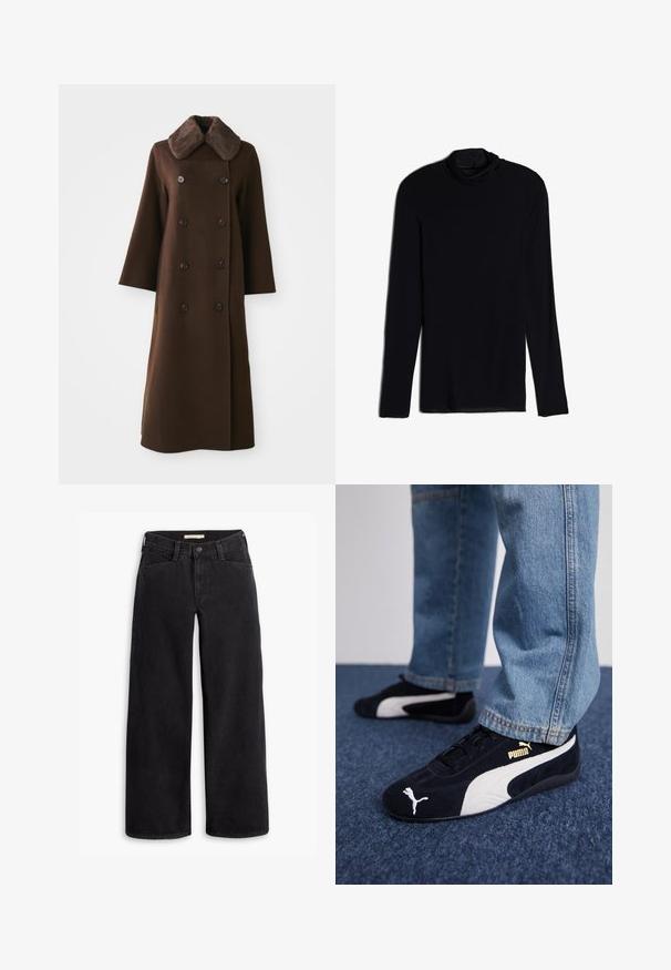 Brun dobbeltradet frakke med pelskrave, lange ærmer og lige silhuet. Har sorte knapper og blød uldlignende tekstur.; Sort langærmet top med en cowl-hals, lavet af et blødt, glat stof; tætsiddende design med lige kant og uden synlige sømme.; Sorte bredbenede jeans lavet af denim. Har høj talje, forlommer og en lynlås med knaplukning. Glat tekstur.; Sorte ruskinds sneakers med hvide detaljer og et guldlogo. Båret med lyseblå denimjeans og sat på en struktureret blå overflade.