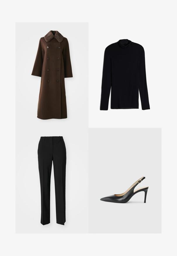 Brauner doppelt geknöpfter Mantel mit Pelzkragen, langen Ärmeln und geradem Schnitt. Hat schwarze Knöpfe und eine weiche, wolleähnliche Textur.; Schwarzes Langarmoberteil mit einem Kragen, gefertigt aus einem weichen, glatten Stoff; taillierte Passform mit geradem Saum und ohne sichtbare Nähte.; Schwarze, taillierte Hose mit geradem Bein, aus einem glatten Stoff und mit klaren Falten an der Vorderseite. Keine sichtbare Hardware.; Schwarze Leder-Slingback-High-Heels mit spitzem Zehenbereich, verstellbarem Riemen und schlankem Stiletto-Absatz, ausgestattet mit einer glatten Oberfläche.