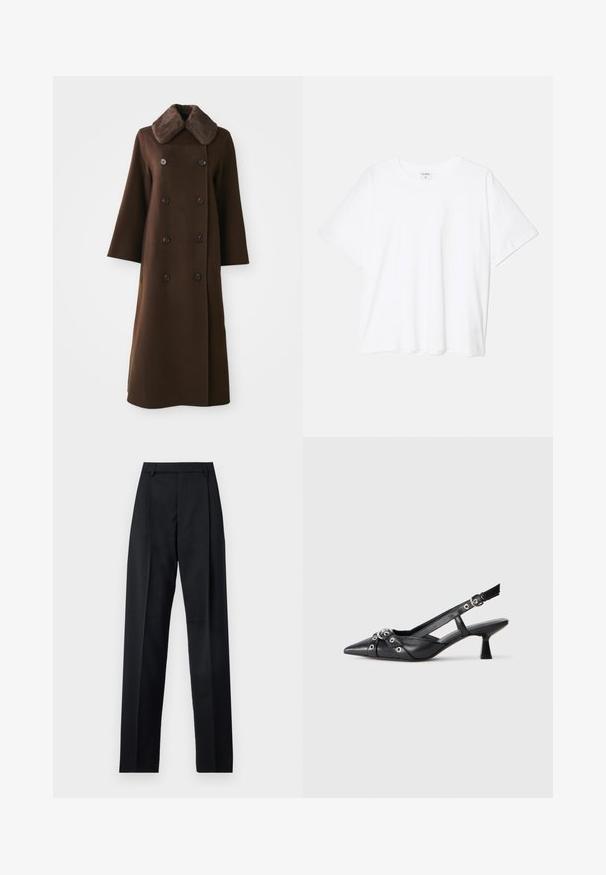 Smeđi dvostruko kopčani kaput s krznim ovratnikom, dugim rukavima i ravnim siluetom. Ima crne gumbe i mekanu teksturu nalik vuni.; Bijela pamučna majica s kratkim rukavima, okruglim izrezom, opuštenim krojem i šivenim rubom. Etiketa je vidljiva na unutarnjoj strani vrata.; Crne hlače od glatkog materijala s visokim strukom, širokim nogavicama, prednjim pregibima i klasičnim petljama za remen. Nema vidljivih bočnih džepova.; Crne kožne cipele s remenom oko pete, s izduženim vrhom, dekorativnim trakama s metalnim rupama i niskom blok petom. Teksturirana površina.