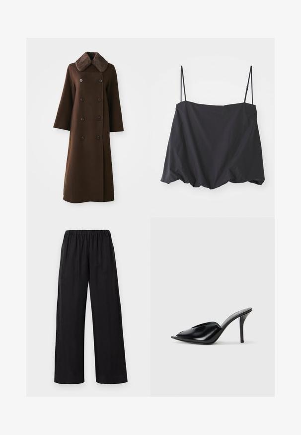 Brauner doppelt geknöpfter Mantel mit Pelzkragen, langen Ärmeln und geradem Schnitt. Hat schwarze Knöpfe und eine weiche, wolleähnliche Textur.; Schwarzes ärmelloses Oberteil mit dünnen Trägern, lockerer Passform und gerafftem Saum. Hergestellt aus leichtem Stoff mit glatter Textur.; Schwarze weite Hosen aus einem weichen, leichten Stoff, mit einem elastischen Bund und genähtem Saum, die eine entspannte Passform bieten.; Schwarze Leder-High-Heels mit offener Zehenpartie, spitzem Design, glatter Textur und schmalem Stiletto-Absatz.
