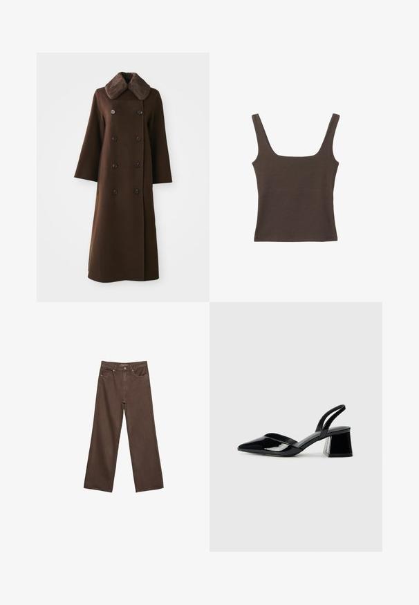 Brun dobbeltradet frakke med pelskrave, lange ærmer og lige silhuet. Har sorte knapper og blød uldlignende tekstur.; Brun ærmeløs top med firkantet udskæring, lavet af blød, strækbar stof. Har et tætsiddende design og flade sømme.; Bredde ben brun denim jeans med høj talje, forlommer og klassisk knaplukning. Glat tekstur med diskret syninger.; Sorte patentlæder slingback hæle med spids tå og en geometrisk blok hæl. Har et elegant, minimalistisk design og en glat tekstur.