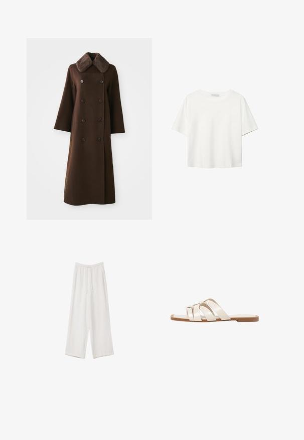 Brun dobbeltradet frakke med pelskrave, lange ærmer og lige silhuet. Har sorte knapper og blød uldlignende tekstur.; Hvid kortærmet t-shirt lavet af bomuld. Har en rund halsudskæring og en afslappet pasform. Glat tekstur uden synlige mønstre eller detaljer.; Hvide bukser med bred benlængde lavet af et letvægtsstof. Har et elastisk talje med snor og sidelommer. Glat tekstur.; Flade sandaler med en lys gummisål, designet med tre overlappende hvide læderremme og en lille sløjfe detalje i midten.