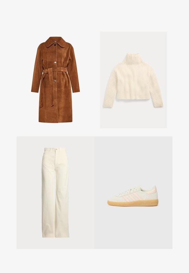 Pruunist nahast sadeõli mantel klassikalise kraega, ühe nupuga kinni ja sobiva vöödiga. Omab küljetaskuid ja sirget lõiget.; Polo Ralph Lauren RIB WOOL-CASHMERE FUNNELNECK SWEATER - Džemper - authentic cream; Polo Ralph Lauren COTTON CORDUROY WIDE-LEG PANT - Püksid - warm white; Nahkkingad, millel on kreemivärvi pealne, helesinised kolm triipu ja kummist tald. Paeltega disain koos õmmeldud detailide ja brändimisega.