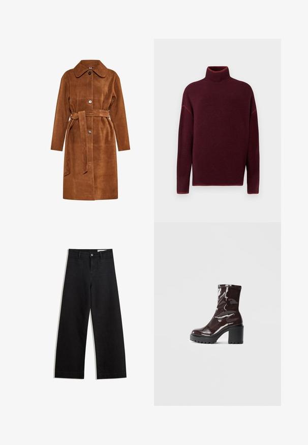 Brun ruskinds trenchcoat med klassisk krave, enkelt knaplukning og matchende bælte. Har sidelommer og lige snit.; Burgunderrød rullekrave sweater med ribbet krave og manchetter, lavet af blødt materiale, med sænkede skuldre og en afslappet pasform.; Sorte wide-leg denim bukser med høj talje, der har front- og baglommer, syede sømme og en knaplukning. Glat tekstur.; Glatte burgunder ankelstøvler med en chunky sort hæl, der har en glat tekstur og et simpelt design. Ingen synlige lukninger eller mønstre.