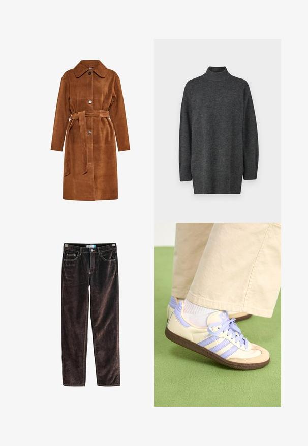 Brown suede trench coat with a classic collar, single button closure, and a matching belt. Features side pockets and a straight cut.; Dark gray, oversized turtleneck sweater made of soft knit material with long sleeves and ribbed hem; smooth texture, minimalistic design.; Brown corduroy straight-leg pants with five pockets, contrasting stitching, and a button closure at the waist. Soft texture with ribbed pattern.; Cream and lavender sneakers with three stripes and a textured brown sole, featuring laces and a padded heel. Soft fabric upper.