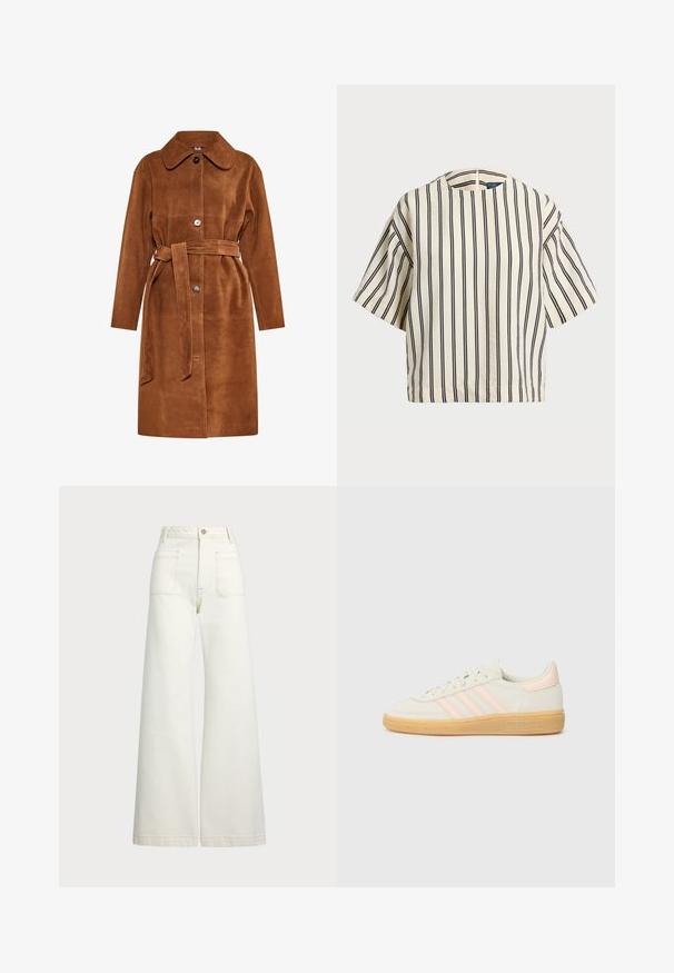 Palton din suede maro, cu guler clasic, închidere cu un singur nasture și o curea asortată. Prezintă buzunare laterale și un croi drept.; Cămașă cu mâneci scurte, cu dungi în nuanțe de crem și bleumarin, având un decolteu rotund și un design dreptunghiular dintr-un material texturat.; Jeans cu picioare late din denim alb-crem. Design cu talie înaltă, cu închidere prin nasture, două buzunare frontale și detalii cu cusături contrastante.; Sneakers din suede, cu o parte superioară crem, trei dungi roz pal și o talpă din gumă. Design cu șireturi, cu accente cusute și branding.