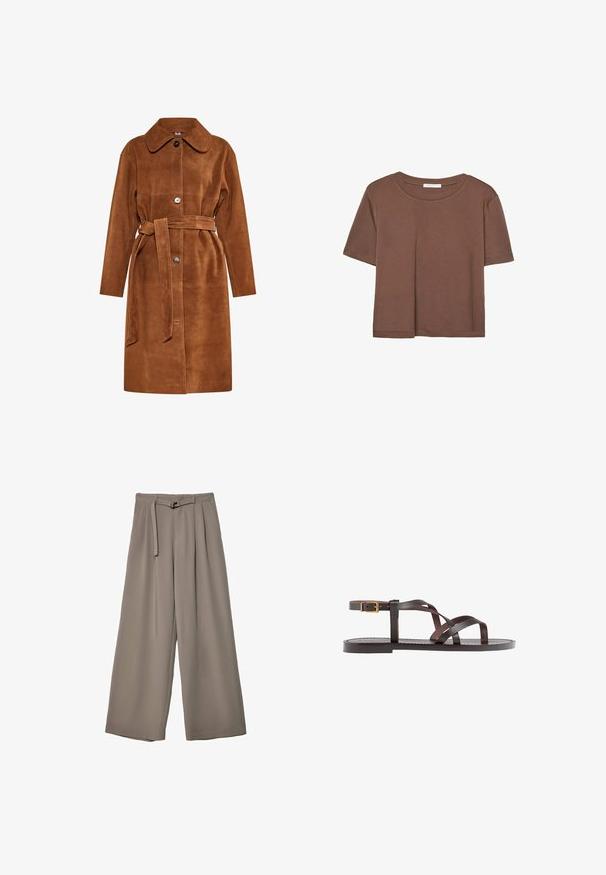 Brauner Wildleder-Trenchcoat mit klassischem Kragen, einzelnem Knopfverschluss und passendem Gürtel. Verfügt über seitliche Taschen und einen geraden Schnitt.; Braunes, kurzärmliges T-Shirt aus weichem Material mit rundem Halsausschnitt und lockerer Passform. Keine sichtbaren Muster oder Akzente.; Weite Hose aus einem weichen, gedämpften grauen Stoff, mit einem taillierten Bund und Falten für zusätzliche Design-Details. Glatte Textur, keine Muster.; Braune Leder-Sandale mit überkreuzten Riemen, einem Knöchelriemen mit Schnalle und einer flachen Sohle mit minimalen Nähdetails.