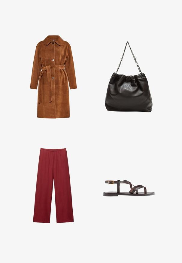 Brun ruskinds trenchcoat med klassisk krave, enkelt knaplukning og matchende bælte. Har sidelommer og lige snit.; Brun kortærmet t-shirt lavet af blødt stof, med rund halsudskæring og afslappet pasform. Ingen synlige mønstre eller detaljer.; Bredde benbukser lavet af tekstureret, letvægtsstof i en dyb rød farve, med knaplukning og en elastisk talje for komfort.; Brune lædersandal med krydsende stropper, ankelspænde og en flad sål med minimale syninger.; Brun lædertaske med en rynket top og en kædestrop. Glat tekstur med en blank finish og subtile sømdetaljer på siderne.
