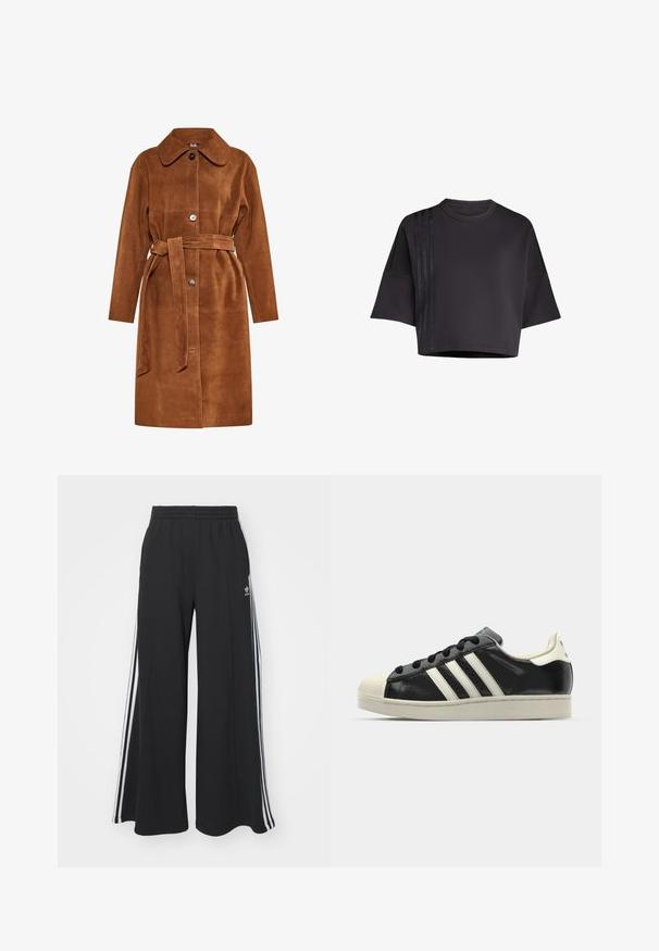 Brown suede trench coat with a classic collar, single button closure, and a matching belt. Features side pockets and a straight cut.; Black cropped t-shirt with a round neck, loose short sleeves, featuring vertical satin stripe accents on the left side. Smooth texture.; Black wide-leg sweatpants with an elastic waistband, featuring white side stripes and an embroidered logo on the left thigh.; Black leather sneaker with white stripes, rubber toe cap, black laces, and a cream-colored outsole. Smooth texture with shiny finish.