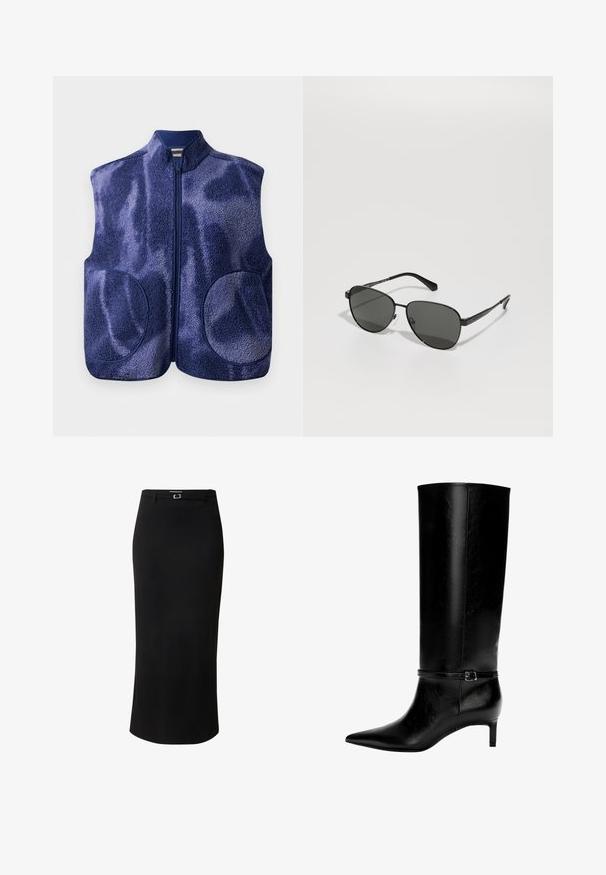 Marineblaue Fleece-Weste mit durchgehendem Reißverschluss, zwei abgerundeten Fronttaschen und hohem Kragen, auf einem weißen Hintergrund präsentiert.; Schwarzes oversized Sweatshirt mit Rundhalsausschnitt und langen Ärmeln, vor einem weißen Hintergrund präsentiert. Einfaches und lässiges Design.; Weißes Langarm-Hemd mit Knopfleiste, spitzen Kragen und abgerundetem Saum, vor einem schlichten Hintergrund präsentiert.; Schwarzer Bleistiftrock aus glattem Stoff, mit einem mittellangen Design, Gürtelschlaufen und einem rechteckigen silberfarbenen Schnallendetail.; Schwarze Lederstiefel bis zum Knie mit spitzer Zehe und kleinem Absatz. Verfügt über einen schmalen Riemen mit einer metallischen Schnalle am Knöchel. Glatte Textur.; Schwarze Sonnenbrille mit Metallrahmen und grauen Gläsern, ovaler Form, dünnen Bügeln und verstellbaren Nasenpads. Minimalistisches Design.; Schwarze Lederhandtasche mit einzigartiger Fächerform, ausgestattet mit flachen Griffen. Die Oberfläche hat eine genoppte Textur und ein minimalistisches Design.