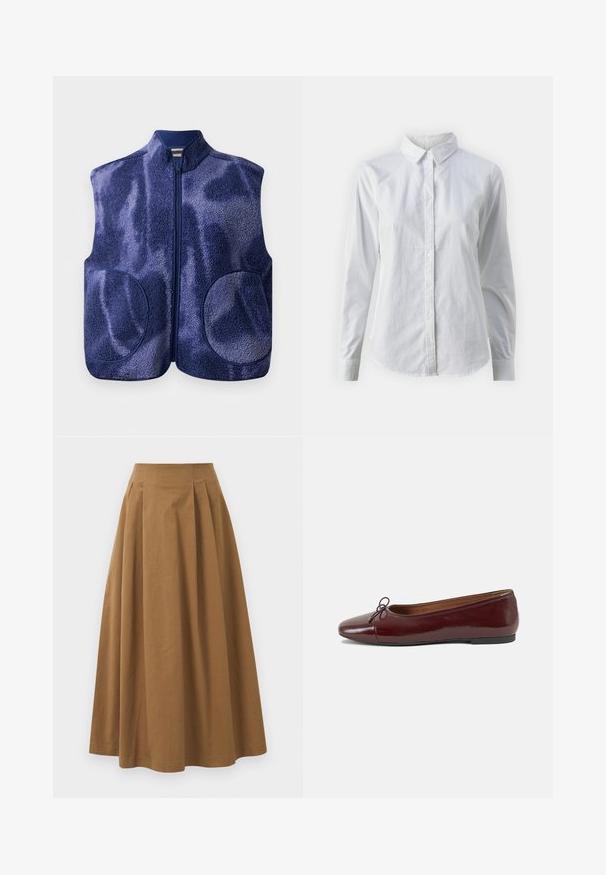 Marineblaue Fleece-Weste mit durchgehendem Reißverschluss, zwei abgerundeten Fronttaschen und hohem Kragen, auf einem weißen Hintergrund präsentiert.; Weißes Hemd mit Knöpfen, aus glattem Baumwollstoff, mit klassischem Kragen, langen Ärmeln und abgerundetem Saum. Die Knöpfe sind klein und weiß.; Brauner Baumwoll-A-Linien-Rock mit hoher Taille, der vorne Falten aufweist und eine glatte Textur hat. Der Saum ist sauber und einfach verarbeitet.; Burgunderfarbenes, lackiertes Ballettschuh mit abgerundetem Zehenbereich, kleiner Schleifenakzent vorne und einer niedrigen, schwarzen Gummisohle. Glatte Textur.