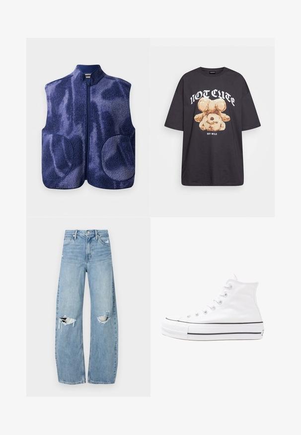 Mornarsko plava flis prsluk s punim prednjim zatvaračem, dva okrugla prednja džepa i visokim ovratnikom, prikazan na bijeloj pozadini.; Crna oversized majica s grafikom medvjeda i natpisom "NIJE SLATKO, ALI DIVLJE" u podebljanim, bijelim slovima. Pamuk.; Svijetloplave, visoko-strukirane traperice. Imaju široke nogavice, dva razderana područja na koljenima i klasičan stil s pet džepova.; Bijela visoka platnena tenisica s crnom gumenom potplatom, prednjim gumenim zaštitnikom prstiju i šest rupa za vezanje, s čistim, minimalističkim dizajnom.