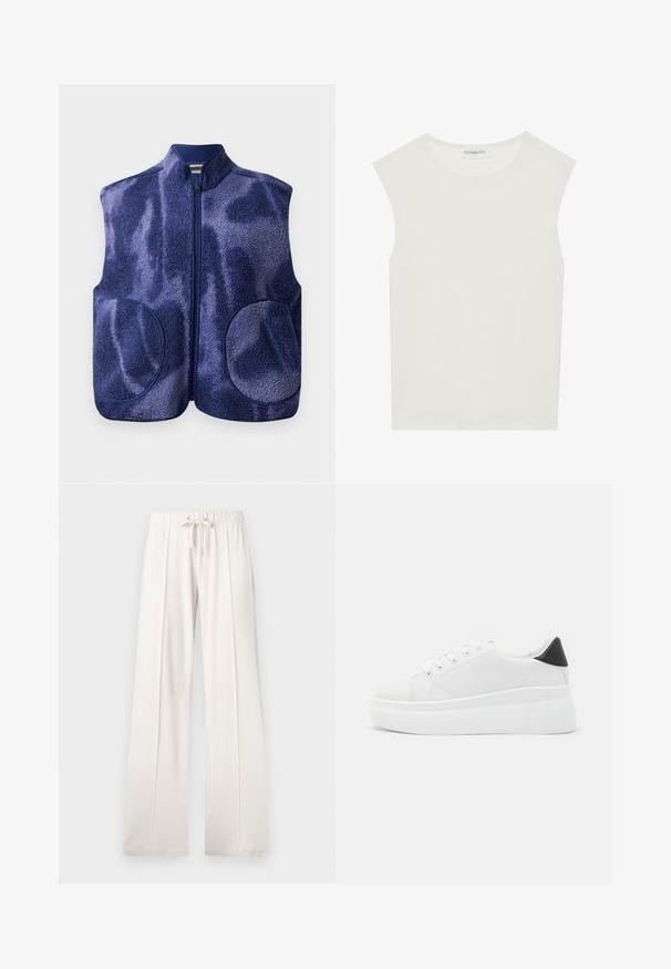 Marineblå fleecevest med full front glidelås, to runde frontlommer og høy krage, vist på hvit bakgrunn.; Hvit ermeløs topp med rund hals. Laget av glatt stoff, har den en avslappet passform og minimalistisk design. Ingen mønstre eller detaljer.; Lyse beige joggebukser laget av mykt stoff, med snor i livet, vide ben og vertikale sømmer, med en jevn tekstur.; Hvite plattform sneakers laget av glatt syntetisk materiale, med rund tå, snøring og en strukturert gummisåle. Svart hæl akcent.