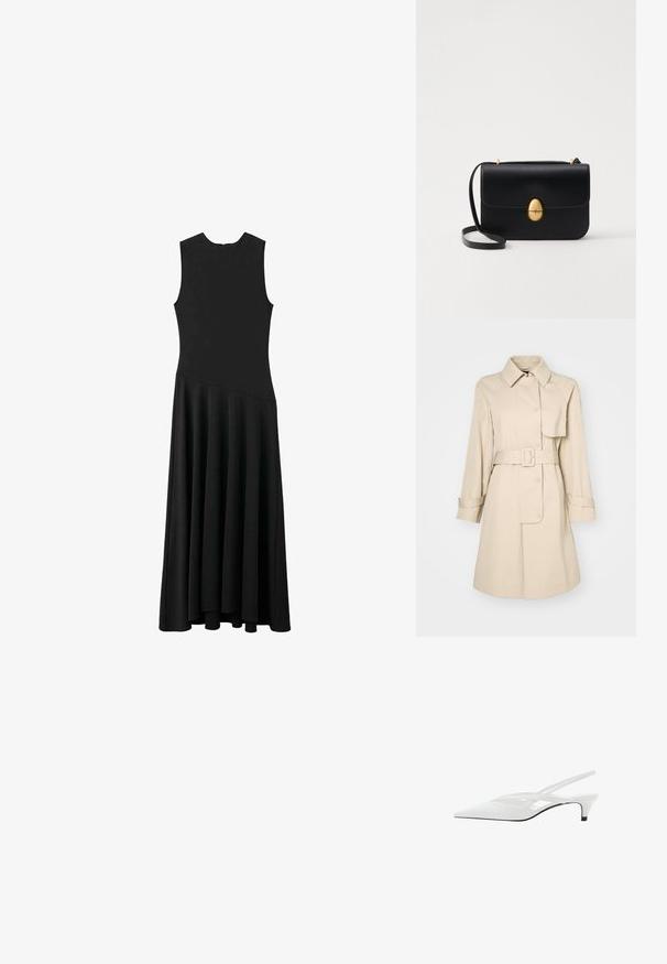 Beżowy trencz z paskiem w talii, zapięciem na guziki i klasycznym kołnierzem. Posiada raglanowe rękawy oraz detal w postaci klapki na piersi.; Czarna, bezrękawnikowa sukienka maxi z dopasowaną górą i rozkloszowanym dołem, charakteryzująca się gładką teksturą i minimalistycznym designem, bez widocznych zapięć.; Biała szpilka na odkrytej pięcie z ostrym noskiem, charakteryzująca się gładką cholewką, subtelnymi wycięciami i niskim obcasem w kształcie bloku. Czarna podeszwa podkreśla design.; Czarna skórzana torba na ramię o strukturalnym prostokątnym kształcie. Posiada złoty owalny zamek i cienki pasek na ramię. Gładka faktura.