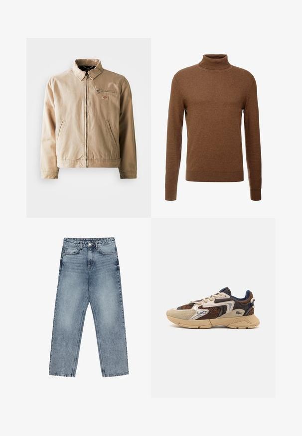 Casaco de lona bege com fecho de correr, gola alta e dois bolsos laterais. Inclui um pequeno patch com o logótipo no peito.; Suéter castanho de gola alta feito de um tecido suave, com mangas compridas, punhoscanalados e um design justo sem padrões visíveis.; Deve azul claro com corte reto, costura visível, design de cinco bolsos e fecho de botão na cintura.; Sneakers bege e castanho com painéis em malha texturizada, detalhes em camurça e sola de borracha. Apresenta um design de atacadores e detalhes de marca.