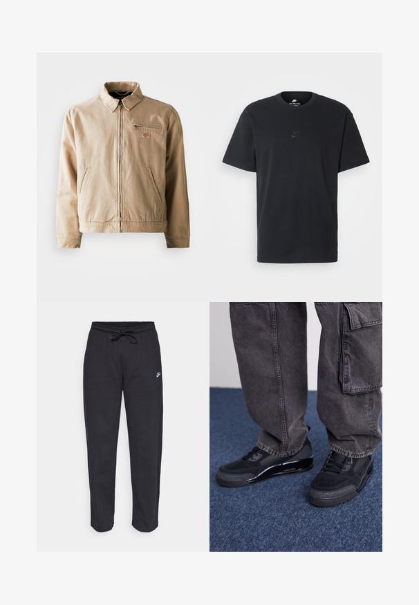 Beige canvas jacket featuring a zip front, stand collar, and two side pockets. Includes a small logo patch on the chest.; Nike black cotton t-shirt with a classic crew neck, short sleeves, and a subtle, embossed logo on the chest. Smooth texture.; Black sweatpants made of soft fabric with an elastic waistband, drawstring, and a small Nike logo on the left thigh.; Black athletic shoes featuring a textured surface, smooth accents, and a chunky sole paired with dark, loose-fitting cargo pants.