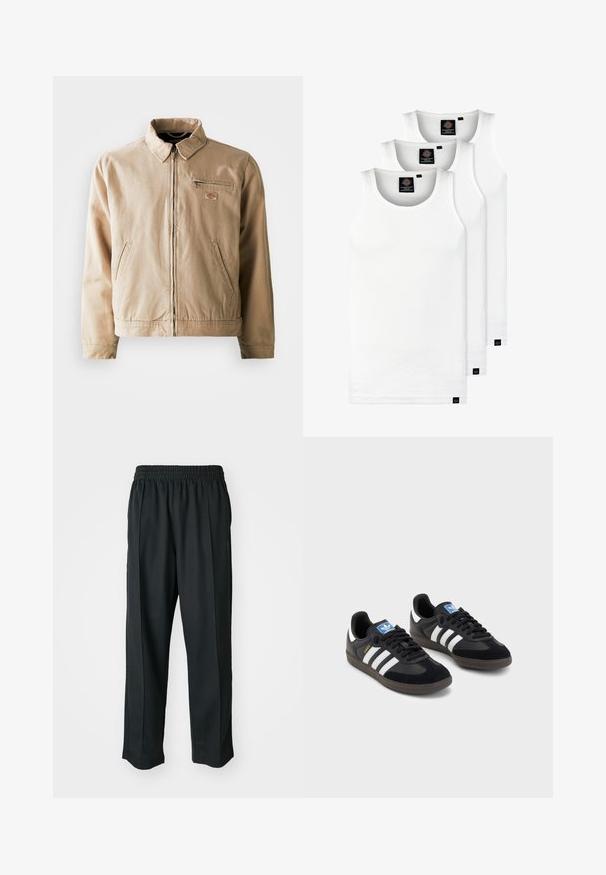 Beżowa kurtka z płótna z zamkiem z przodu, stójką oraz dwoma kieszeniami po bokach. Zawiera małą naszywkę z logo na piersi.; Trzy białe prążkowane koszulki na ramiączkach wykonane z bawełny. Posiadają okrągły dekolt i małe czarne metki blisko dolnego brzegu. Dostępne w różnych rozmiarach.; Czarne spodnie sportowe z elastycznym pasem, wykonane z gładkiego materiału, z subtelnym przeszyciem po bokach i luźnym krojem, prostą nogawką.; Czarne sneakersy z zamszową i syntetyczną cholewką, wyposażone w trzy białe paski, teksturowaną gumową podeszwę oraz niebieską metkę z logo na języku.