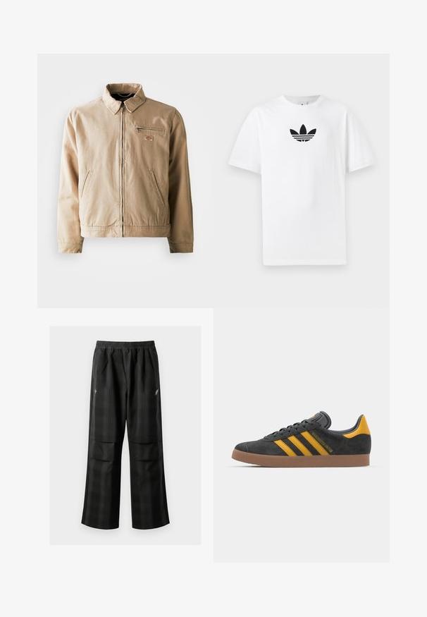 Casaco de lona bege com fecho de correr, gola alta e dois bolsos laterais. Inclui um pequeno patch com o logótipo no peito.; T-shirt de algodão branco com um logo preto da Adidas no centro. Mangas curtas e um design de gola redonda. Textura suave.; Calças pretas em padrão xadrez com cintura elástica, dois bolsos frontais e um ajuste solto com design de perna reta. Feitas de material leve.; Tenis em camurça preta com detalhes amarelos, apresentando três riscas e uma sola de borracha castanha. Inclui uma língua acolchoada para maior conforto.