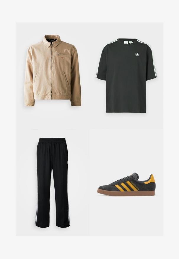 Beige canvas jacket featuring a zip front, stand collar, and two side pockets. Includes a small logo patch on the chest.; Black cotton t-shirt with short sleeves, crew neckline, and white three-stripe detailing on shoulders. Features a small white logo on chest.; Black athletic pants with an elastic waistband, featuring white side stripes and a small logo. Material appears soft and lightweight.; Black suede sneaker with yellow accents, featuring three stripes and a brown rubber sole. Includes a padded tongue for comfort.