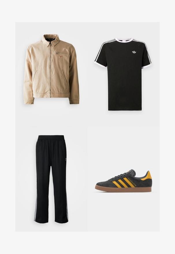 Bežinis drobės švarkas su užtrauktuku priekyje, stovinčiu apykakle ir dviem šoniniais kišenėmis. Džinsas puošia mažas logotipo pleistras ant krūtinės.; Juodas medvilninis marškinėlis su baltais akcentais. Yra trumpomis rankovėmis, raglano stiliaus, ir mažas logo ant krūtinės. Ant pečių yra trys balti dryžiai.; Juodi sportiniai keliai su elastingu juosmeniu, su baltais šonais ir mažu logotipu. Atrodo, kad medžiaga yra minkšta ir lengva.; Juodas zomšinės sportbačiai su geltonais akcentais, turintys tris juosteles ir rudą gumos padą. Apima paminkštintą liežuvėlį patogumui.