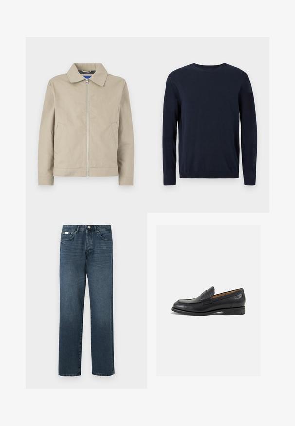 Beige, lightweight jacket featuring a collar, zip front, and side pockets. Made of smooth fabric, with a clean, minimalist design.; Navy blue knitted sweater with long sleeves, crew neckline, and ribbed cuffs and hem. Features a small logo on the chest.; Dark blue denim jeans with a straight fit, five pockets, belt loops, and a zipper fly. Smooth texture with subtle fading details.; Black leather loafers with a smooth finish, rounded toe, and decorative stitching on the vamp. Low stacked heel and slight shine.