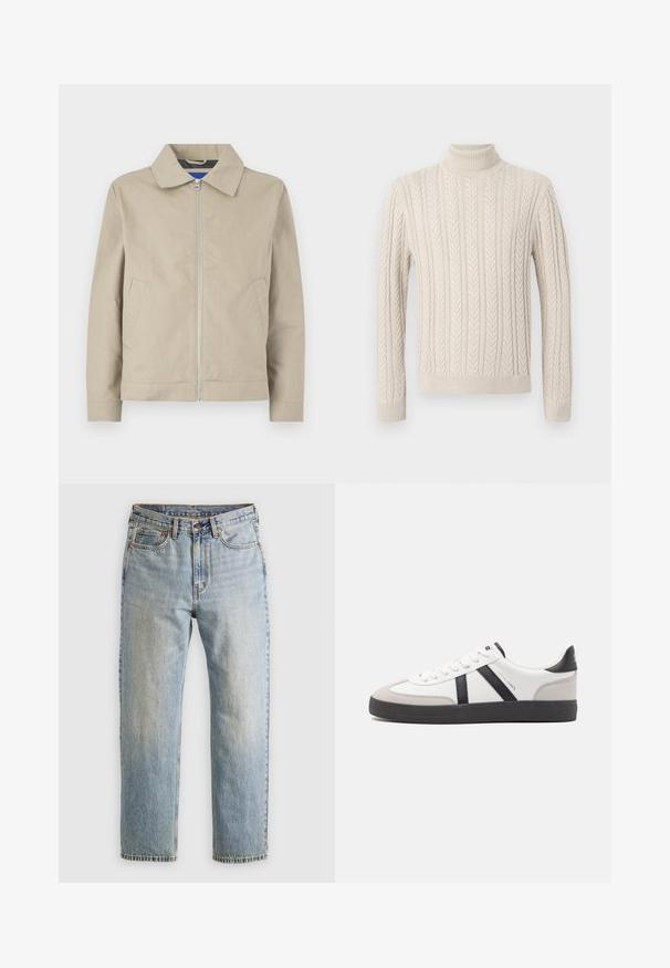 Bež, kerge jakk, mis sisaldab krae, lukuga esiosa ja küljetaskuid. Valmistatud siledast kangast, millel on puhas ja minimalistlik disain.; Beige, kootud sviiter kõrge soonikuline kaelus. Omab tekstuuriga nöörmustrit ning soonikuid varrukaid ja alumist äärt, pakkudes hubast välimust.; Heledad hele sinine teksapükste kõrge vöökoht, ees nupuga, lukuga ja viie taskuga disain, asetatud tasasele neutraalsele taustale.; Valged tossud mustade ja hallide aktsentidega, tekstureeritud halli varbakattega, musta kummitald ja lamedad valged paelad. Puhtad jooned, minimalistlik stiil.