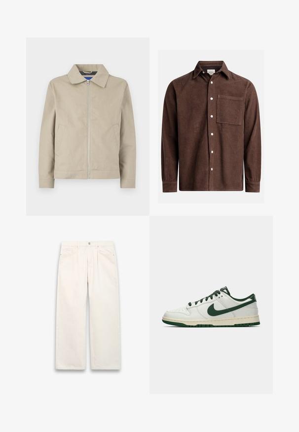 Veste beige légère avec col, fermeture zippée à l'avant et poches latérales. Fabriquée en tissu lisse, avec un design épuré et minimaliste.; Chemise en velours côtelé marron avec un col boutonné, poche avant, boutons blancs et manches longues avec des poignets boutonnés. Détail de tissu texturé.; Jean large blanc en denim, dotés d'une fermeture à bouton, de cinq poches et de détails de couture subtils. Design épuré et minimaliste.; Baskets basses blanches avec un swoosh Nike vert foncé, des lacets et des accents de semelle, présentées en profil sur un fond blanc uni.