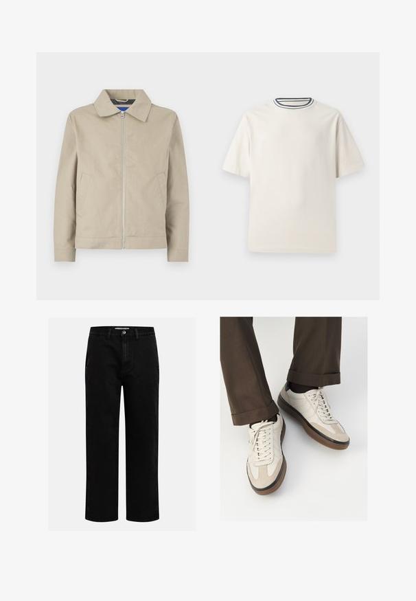 Bež anorak, lahek, z ovratnikom, zadrgo spredaj in stranskimi žepi. Narejen iz gladkega blaga, s čistim, minimalističnim oblikovanjem.; Kremasta bombažna majica s kratkimi rokavi, z okroglim izrezom, okrašenim z mornarsko modrimi in belimi črtami. Gladka tekstura, sproščen kroj.; Črne denim hlače s ravnim krojem, klasičnim pet-takošnjim dizajnom in gumbom za zapiranje v pasu. Gladka tekstura in trpežna tkanina.; Bež teniske z teksturiranim prednjim delom iz usnja, gladkimi kožnimi stranicami in rjavo gumijasto podplatom. Vključene vezalke in svetla šivana detajla.