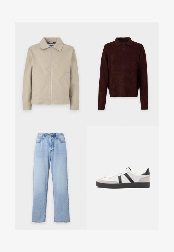 Beige, lichtgewicht jack met een kraag, ritssluiting aan de voorkant en zijzakken. Gemaakt van soepel materiaal, met een schoon, minimalistisch ontwerp.; Bruin gebreid pullover met een polo kraag, drie knopen bij de hals en lange mouwen. Zachte textuur, geribde manchetten en zoom.; Lichtblauwe denim jeans met een rechte pasvorm, hoge taille, vijf zakken en sluiting met bovenste knoop. Kenmerkt zich door een vervaagde wassing en contrasterende stiksels.; Witte sneaker met zwarte en grijze accenten, voorzien van een grijze neus met textuur, zwarte rubberen zool en platte witte veters. Schoon ontwerp, minimalistische stijl.