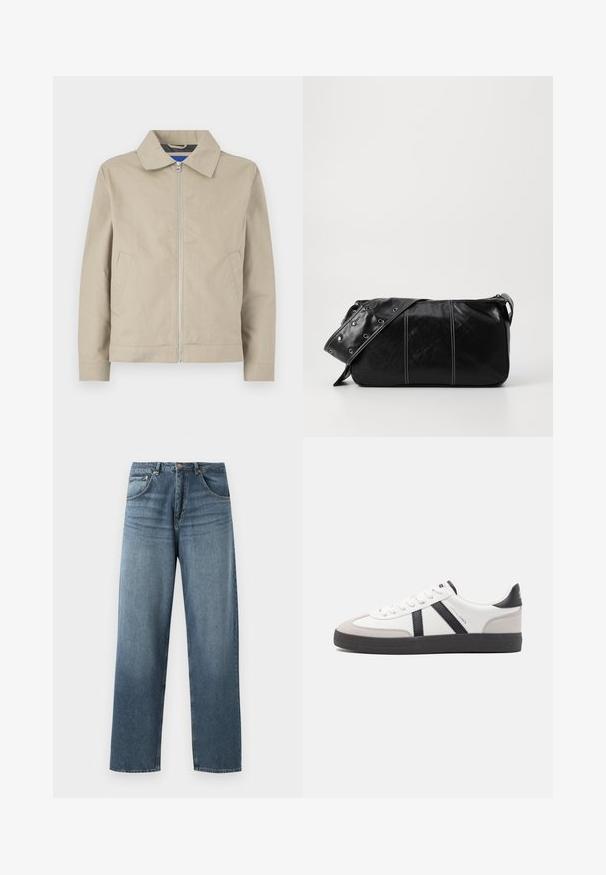 Beige, leichte Jacke mit Kragen, Reißverschluss vorne und seitlichen Taschen. Hergestellt aus glattem Stoff, mit einem klaren, minimalistischen Design.; Brauner Strickpullover mit Polo-Kragen, drei Knöpfen am Hals und langen Ärmeln. Weiche Textur, gerippte Bündchen und Saum.; Gerade geschnittene blaue Jeans aus Denim mit gewaschenem Finish, ausgestattet mit einem Fünf-Taschen-Design, Metallknopf und Gürtelschlaufen. Robustes, mittelschweres Material.; Weiße Sneaker mit schwarz- und grau-aczenten, ausgestattet mit einer strukturierten grauen Zehenkappe, schwarzer Gummi-Sohle und flachen weißen Schnürsenkeln. Sauberes Design, minimalistische Stil.; Schwarze Leder Schultertasche mit Reißverschluss, ausgestattet mit einer strukturierten Oberfläche, weißen Nähten und einem Tragegurt mit silbernen Ösen.
