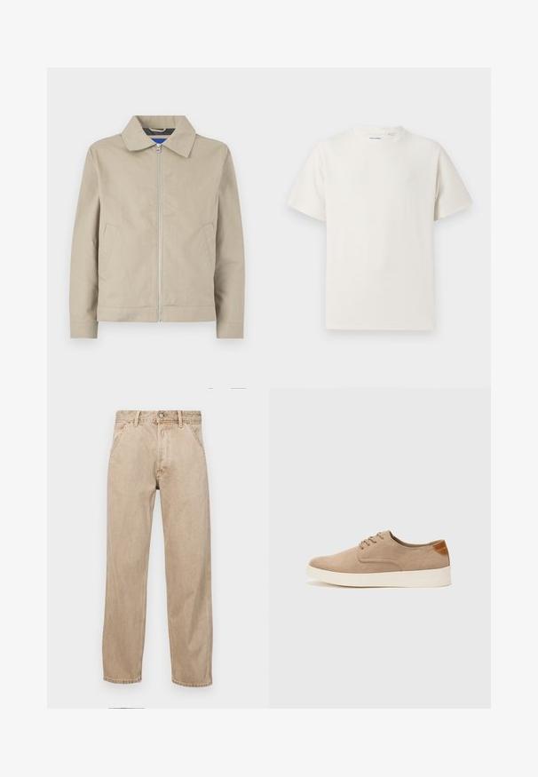 Giacca leggera beige con colletto, chiusura con zip e tasche laterali. Realizzata in tessuto morbido, con un design pulito e minimalista.; T-shirt bianca a maniche corte in texture a coste. Girocollo, vestibilità rilassata, senza modelli o accenti visibili. Design semplice e versatile.; Jeans in denim beige con un design a gamba dritta, dotati di tasche frontali, chiusura con bottone metallico e una texture delicata.; Sneaker in suede beige con punta arrotondata, stringhe davanti e un accento testurizzato sul retro. La suola in gomma bianca offre un contrasto. Design semplice e moderno.