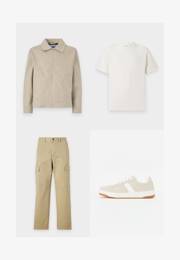 Beige, lett jakke med krage, glidelås foran og sidelommer. Laget av glatt stoff med et rent, minimalistisk design.; Hvit T-skjorte med kort erm i ribbestrikket tekstur. Rund hals, avslappet passform, ingen synlige mønstre eller detaljer. Enkelt og allsidig design.; Beige cargo bukser laget av bomull, med to sidelommer, knappelukking, og rette ben med et lett strukturert stoff.; Beige joggesko med hvite detaljer, semsket tekstur, avrundet form, snøring, og en kontrasterende såle i gummi.