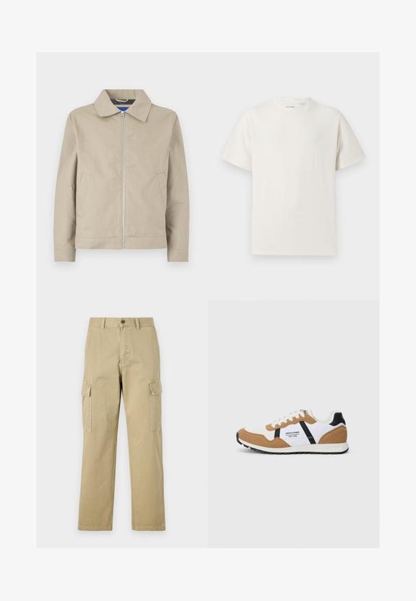 Bež anorak, lahek, z ovratnikom, zadrgo spredaj in stranskimi žepi. Narejen iz gladkega blaga, s čistim, minimalističnim oblikovanjem.; Bela majica s kratkimi rokavi iz rebraste tkanine. Okrogli izrez, sproščen kroj, brez vidnih vzorcev ali naglasov. Preprosta in vsestranska zasnova.; Bež hlače s cargo krojem iz bombaža, z dvema stranskima žeparm, gumbom za zapiranje in ravnimi nogavicami iz rahlo teksturirane tkanine.; Povratni stil tenisic z belim in peščeno rjavim semišem, črnimi akcenti, belimi vezalkami in logotipom "Jack & Jones EST. 1990" na strani.