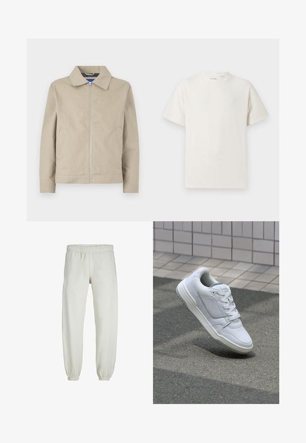 Šviesiai rudos, lengvos striukės su apykakle, užtrauktuku priekio ir šoninėmis kišenėmis. Pagaminta iš lygaus audinio, su švariu, minimalistiniu dizainu.; Balta trumpa rankovė T-polo marškinėlių su juostelėmis tekstūra. Apvalus iškirpimas, laisvas fasonas, jokių matomų raštų ar akcentų. Paprastas ir universalus dizainas.; Baltos sportinės kelnės, pagamintos iš minkštos medžiagos, su elastinga juosmeniu ir rankogaliais, turinčios lygią tekstūrą ir laisvą siluetą.; Baltos odinės sportinės bateliai su perforuotais šonais, tekstūruotais akcentais, plokščiomis raištelėmis ir kontrastingu pilku kulnu. Yra šiek tiek pakelti padas.