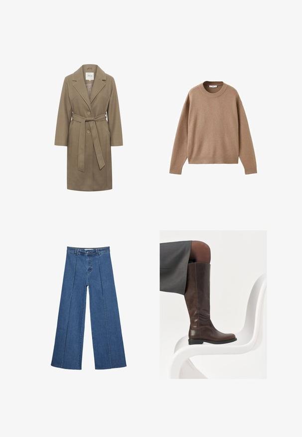 Kaki bälte jacka med notched krage, två runda knappar och sidfickor. Har en slät textur och skräddarsydd design.; Mjuk beige långärmad tröja med rund halsringning, med ribbade muddar, fåll och halsringning, uppvisad liggandes på en vit bakgrund.; Vidbenade denimjeans i medelblått, med hög midja, knäppning och kontrasterande vertikala sömdetaljer längst fram.; Brun läderkänga i knähöjd med rund tå, slät textur och minimala sömsdetaljer, placerad mot en ljus bakgrund på en vit stol.