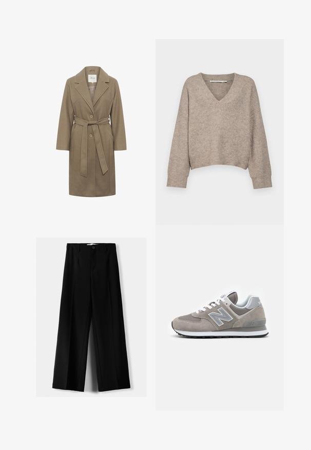 Cappotto khaki con cintura, collo a scialle, due bottoni circolari e tasche laterali. Caratterizzato da una texture liscia e un design su misura.; Maglione beige lavorato a maglia con scollatura a V e design accorciato. Presenta maniche ampie e un motivo testurizzato su tutta la superficie.; Pantaloni neri a gamba larga realizzati in tessuto leggero, caratterizzati da una chiusura frontale con bottone e frontale piatto, con orli cuciti con precisione.; Sneaker grigia con tomaia in rete e suede, caratterizzata da un prominente logo "N" grigio chiaro, lacci bianchi e suola in gomma nera.