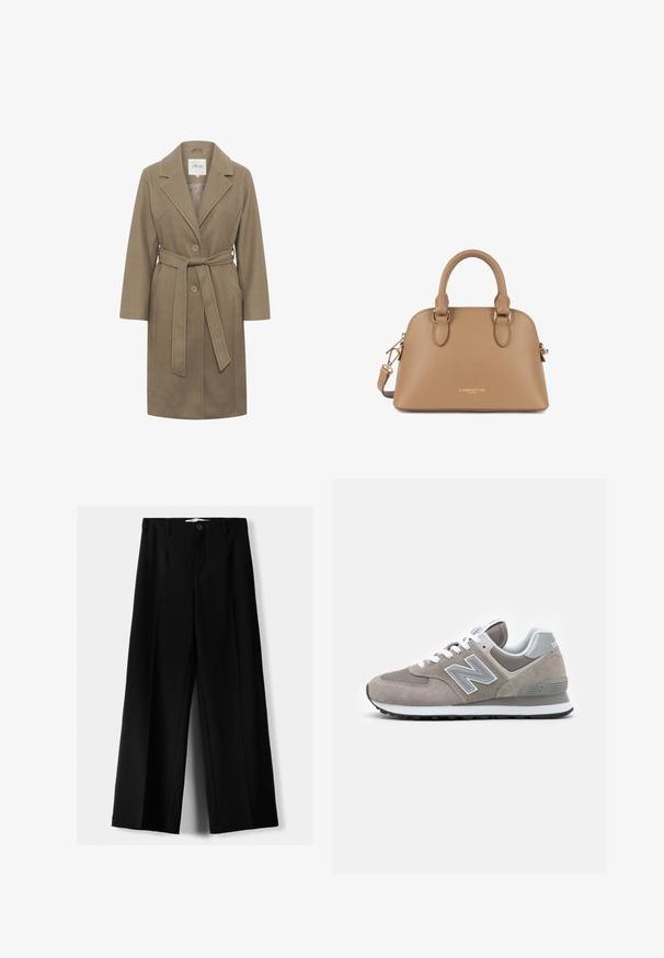Cappotto khaki con cintura, collo a scialle, due bottoni circolari e tasche laterali. Caratterizzato da una texture liscia e un design su misura.; Maglietta bianca a maniche lunghe realizzata in tessuto morbido con una silhouette aderente, caratterizzata da un ampio scollo a barca e delicate arricciature in vita.; Pantaloni neri a gamba larga realizzati in tessuto leggero, caratterizzati da una chiusura frontale con bottone e frontale piatto, con orli cuciti con precisione.; Sneaker grigia con tomaia in rete e suede, caratterizzata da un prominente logo "N" grigio chiaro, lacci bianchi e suola in gomma nera.; Borsa della tonalità tan con due manici corti, accessori in metallo dorato, logo sul davanti e tracolla staccabile. Finitura liscia.