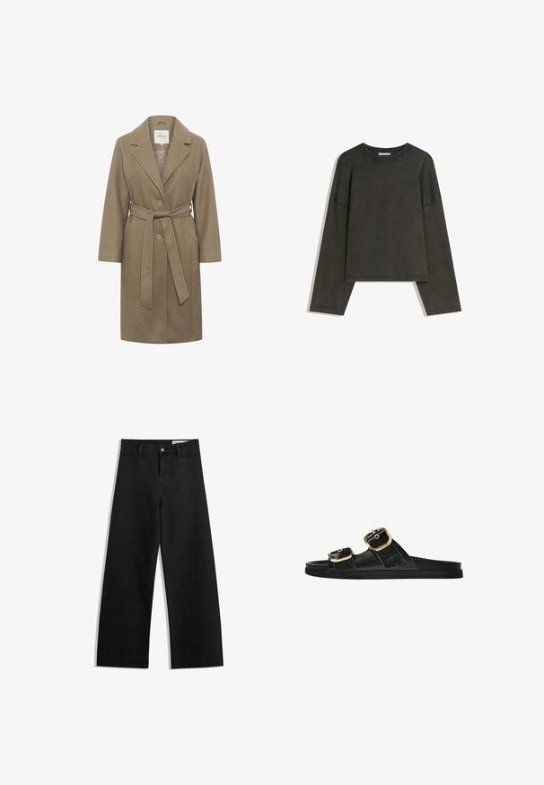 Khaki riemcoat met een ingesneden kraag, twee ronde knopen en zijzakken. Beschikt over een gladde textuur en een getailleerd ontwerp.; Donkergrijze lange-mouwen top gemaakt van een katoenmix. Boxy vorm met een ronde halslijn en verlaagde schouders, met zichtbare stiksels.; Zwarte denim broek met wijde pijpen en een hoge taille, voorzien van voor- en achterzakken, gestikte naden en een knoopsluiting. Gladde textuur.; Zwarte slipper met twee gouden gesps, gladde textuur, platte zool en een minimalistisch ontwerp.