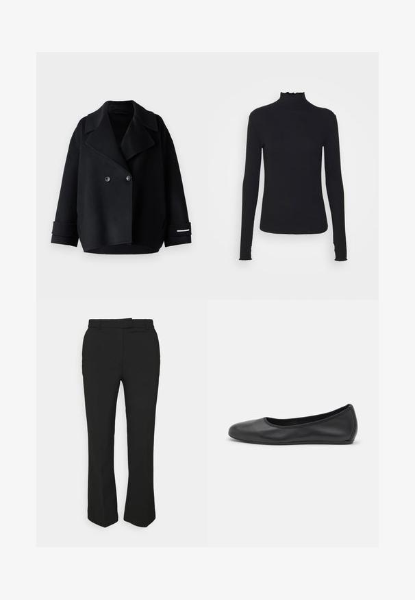 Marella IDOLO - Pitkä takki - nero; Musta pitkähihainen poolotoppi, joka on valmistettu sileästä kankaasta, jossa on röyhelökaulus ja tiukka siluetti yksinkertaisilla reunoilla.; Musta räätälöity housut suoran lahkeen muotoilulla, joissa on vyölenkit ja sivutaskut. Valmistettu sileästä kankaasta, jossa on siisti viimeistely.; Musta nahkainen ballerina, jossa on pyöristetty kärki, sileä pinta, minimaalinen ommelkoristelu ja joustava pohjamuotoilu.