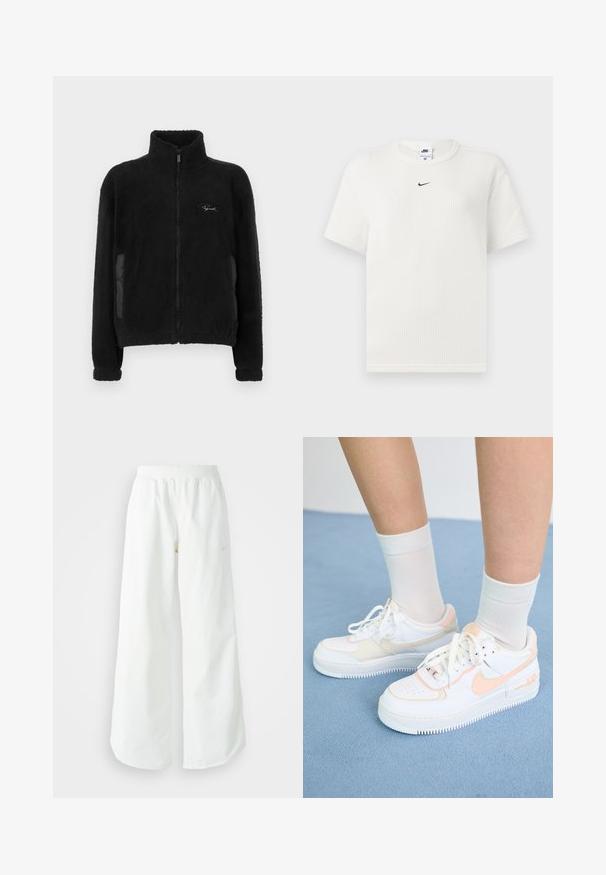 Črna flis jakna z visokim ovratnikom, zadrgo, mehko teksturo, stranskimi paneli in vezenim logotipom na zgornjem levem prsnem predelu.; Bela rebrasta majica s okruglim izrezom i kratkimi rukavi. Ima mali crni Nike logo na prsima. Tekstilirani materijal s prilagođenim oblikom.; Bela športna hlače širokega kroja z rebrastim pasom in diskretno logotipno podrobnostjo. Gladek material z sproščenim krojem in zoženim robom.; Bele tenevke z breskevimi poudarki, gladka usnjena zgornja površina, perforiran prst, teksturiran podplat in vezalke. Uporabljene z belimi nogavicami na modri površini.