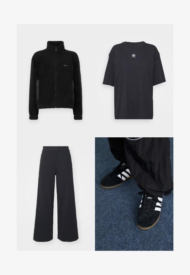 Giacca in pile nera con colletto alto, chiusura con zip, texture morbida, pannelli laterali e logo ricamato nell'area superiore sinistra del petto.; T-shirt in cotone nero con maniche corte, scollatura rotonda, presenta un logo bianco Adidas sul petto. Design semplice, vestibilità rilassata.; Pantaloni felpati neri a gamba larga realizzati in tessuto morbido, con un elastico in vita e un piccolo logo sul lato sinistro.; Scarpe da ginnastica nere in suede con tre strisce bianche e lacci neri. Un pantalone nero a trama è parzialmente visibile accanto alle scarpe.