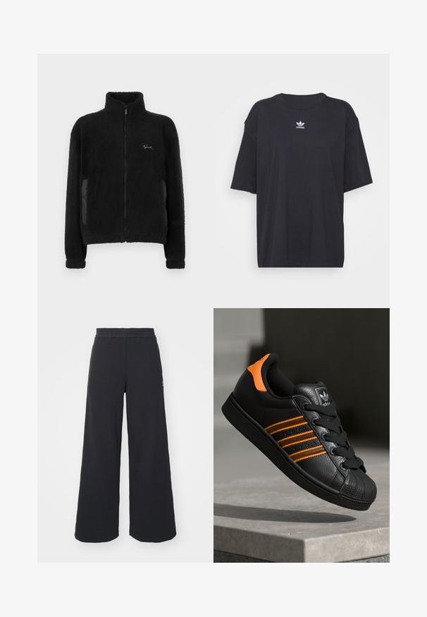 Juodas vilnonis džemperis su aukštu颜色, užtrauktuku, puriu tekstūra, šoniniais paneleis ir siuvinėtu logotipu viršutiniame kairiajame krūtinės plote.; Juodas medvilnės marškinėliai trumpomis rankovėmis, apvaliu iškirpimu, su baltu Adidas logo ant krūtinės. Paprastas dizainas, laisvas kirpimas.; Juoda plačių kojų sportinė kelnė, pagaminta iš minkštos medžiagos, su elastinga juosmens juosta ir mažu logotipu kairėje pusėje.; Juodas sportinis batelis su oranžiniais akcentais, trimis horizontaliomis juostelėmis, tekstūruota odinė viršutinė dalis, guminiu nosių dangteliu ir juodomis raišteliais.