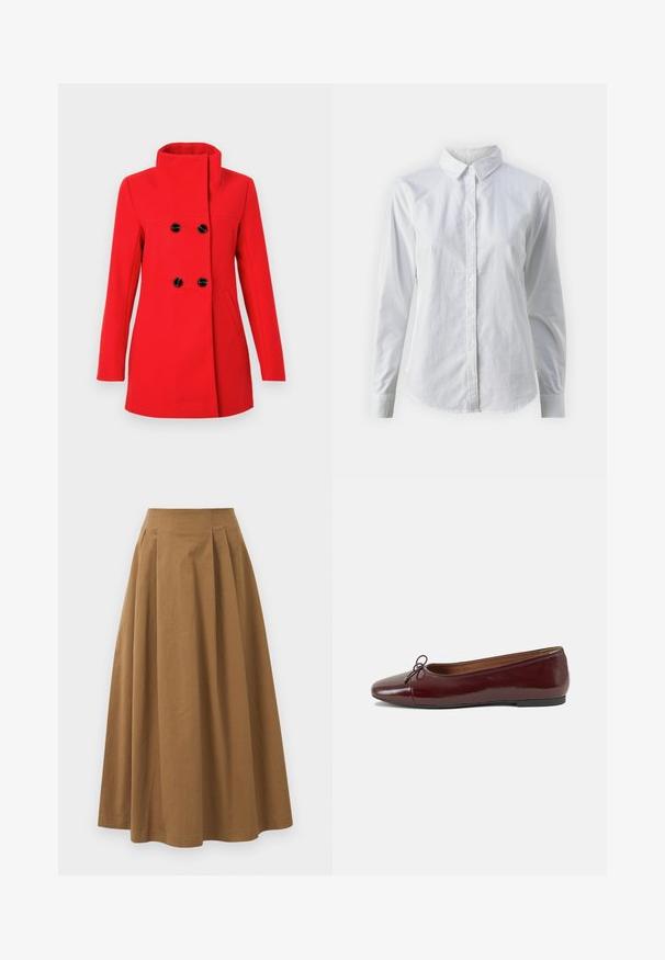 Rdeč volnen plašč z visokim ovratnikom, dvorednim sprednjim delom s črnimi gumbi, dvema stranskima žepoma in krojenim pasom.; Bela srajca z gumbki, narejena iz gladkega bombaža, s klasičnim ovratnikom, dolgimi rokavi in ukrivljenim robom. Gumbi so majhni in beli.; Rjava bombažna A-linijska krila z visokim pasom, ki vključuje naborke spredaj in gladko teksturo. Robovi so čisti in preprosti.; Burgundska patenti usnjeni baletni čevlji z zaobljenim prstom, majhnim lokom na sprednji strani in nizkim črnim gumijastim podplatom. Gladka tekstura.
