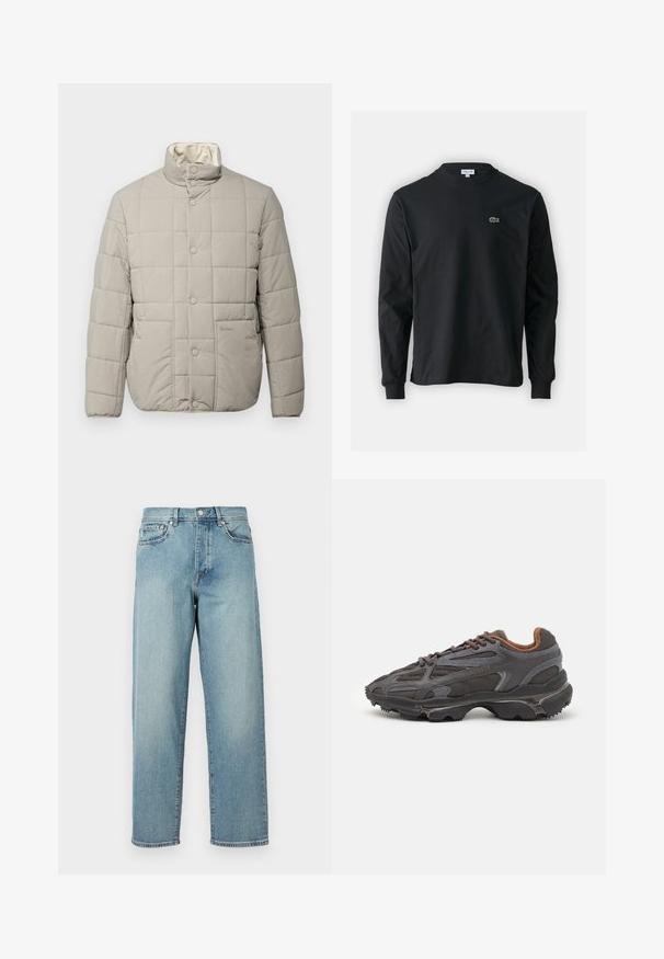 Jachetă cu guler înalt, de culoare gri deschis, matlasată, cu nasturi tip snap și două buzunare frontale. Are un exterior și o căptușeală interioară moi, având un logo subtil.; Tricou negru cu mânecă lungă, realizat din bumbac, cu un guler rotund și un mic logo brodat cu un crocodil verde pe partea stângă a pieptului.; Blugi din denim de un albastru deschis, cu o croială lejeră, picioare drepti, design cu cinci buzunare și închidere cu nasture la talie. Detaliu de cusătură minimalist.; Adidași Lacoste de culoare gri închis, din material mesh și sintetic, cu o talpă texturată și accente maronii pe guler și branding.