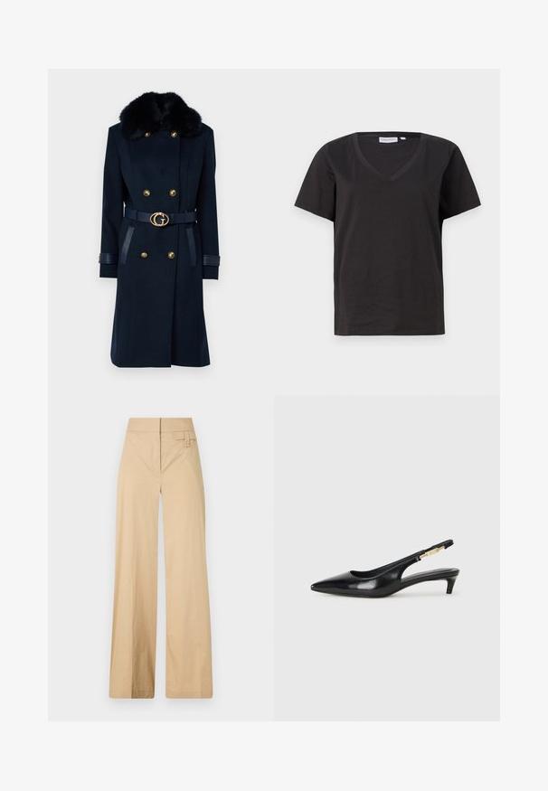 Guess AMELIA DOUBLE BREAST - Abrigo clásico - blau; Camisa de algodón negra con cuello en V y mangas cortas. Diseño simple con un corte regular y sin patrones ni acentos.; Pantalones de pierna ancha beige fabricados en una mezcla de algodón. Presentan una textura suave, cinturilla elástica y un detalle de botón en el lateral.; Tacones negros de piel sintética tipo slingback con punta afilada, que cuentan con un tacón delgado y un detalle en tono dorado en la correa ajustable. Textura suave.