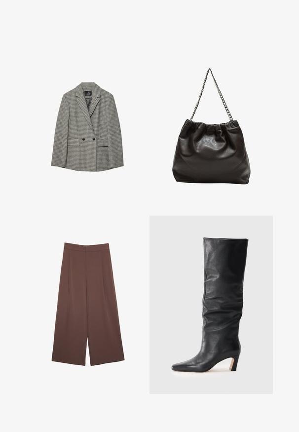 Blazer con motivo pied de poule in bianco e nero, tessuto leggero, design doppiopetto, rever a punta e due tasche frontali.; Maglione lavorato a maglia color marrone scuro con scollo rotondo, spalle scese, polsini e orlo a coste, caratterizzato da una morbida texture e una vestibilità comoda.; Pantaloni ampi marroni con una texture liscia, caratterizzati da una vita alta e pieghe frontali. Il tessuto è leggero e scorre liberamente.; Stivale in pelle nera al polpaccio con tacco, con un gambale leggermente scivolato e punta affusolata su uno sfondo chiaro.; Borsa in pelle marrone con parte superiore arricciata e tracolla a catena. Texture liscia con finitura lucida e dettagli di cucitura sottili sui lati.